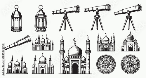 Islamic astronomy sketch set with telescope compass and mosque vector