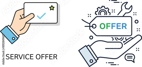 Hand holding service offer card with checkmark and hand holding offer tag with gears and wrench icons