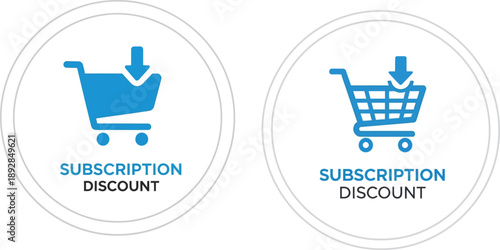 Vibrant blue shopping cart icons with downward arrows, symbolizing subscription discounts and special offers for online purchasing, ideal for e-commerce promotions
