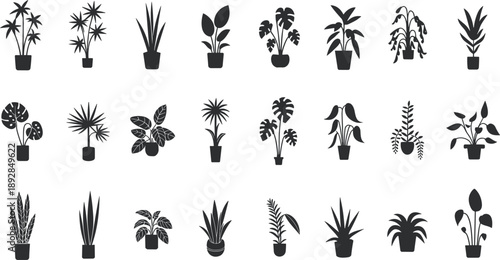 Potted houseplant silhouette set, indoor plant vector icons collection, modern botanical illustration, home decor greenery isolated on white background