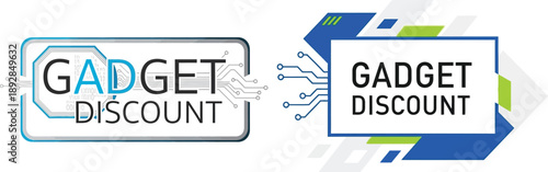 Modern digital discount badge designs for electronic devices, featuring abstract circuit board patterns and dynamic geometric shapes, perfect for technology sales promotions