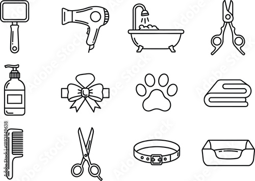 A comprehensive set of line art icons depicting essential pet care and grooming items