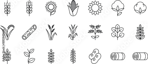 A set of line art icons representing various crops, plants, and agricultural products for farming themes