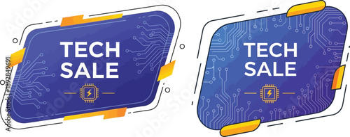 Tech Sale Event Discount Offer, Electronic Gadget Promotional Banner with Circuit Board Design and Currency Symbol