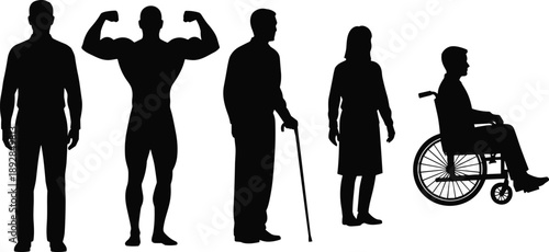 Human body diversity silhouettes showing fitness, aging, disability, strength, mobility aids, and inclusive life stages across different physical conditions
