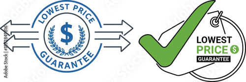 Lowest Price Guarantee Seal and Checkmark Emblem for Retail and E-commerce Promotions, Featuring a Dollar Sign and Laurel Wreath