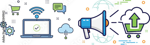 Comprehensive digital marketing and e-commerce solutions illustrating online shopping, cloud services, global communication, and promotional strategies for modern business