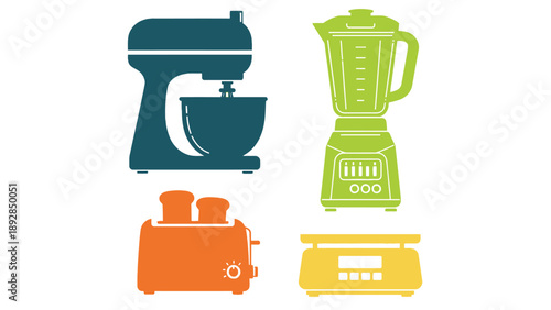 A colorful illustration of kitchen appliances on a white background