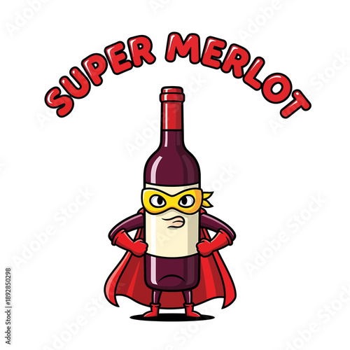Super Merlot Cartoon Vector – Funny Superhero Wine Bottle Character with Cape, Glasses and Comic Text Design

