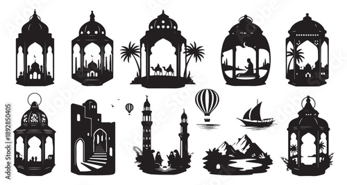 Islamic lantern silhouettes 12 black tile scenes mosque camels palm boats