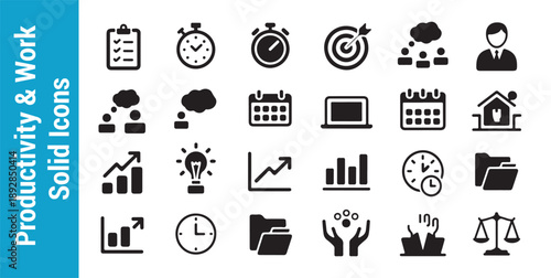 Productivity and work solid icons with time management equipment and business growth analytics components
