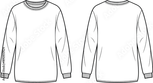 White crew neck sweatshirt front and back views long sleeves ribbed cuffs ribbed neckline
