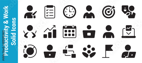 Productivity and work solid icons set vector illustration design for business and office management success