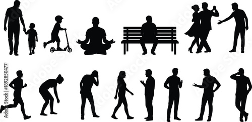 Human activity silhouettes collection showing daily life moments, family, fitness, meditation, communication and social interaction isolated on white background
