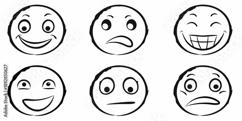 Six black and white cartoon faces displaying various emotions