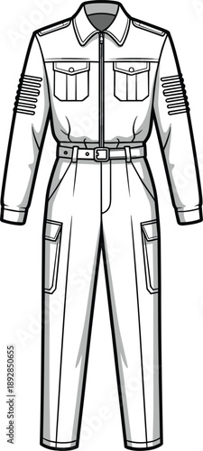 White jumpsuit with belt and pockets long sleeves collar