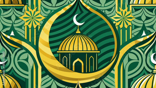 Ornate islamic mosque with crescent moon and stars