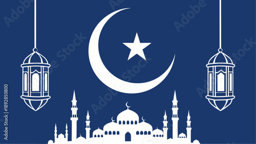 Elegant ramadan mosque with crescent moon and lanterns