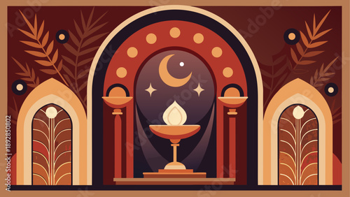 Bohemian moonlit altar with candles and decorative arches