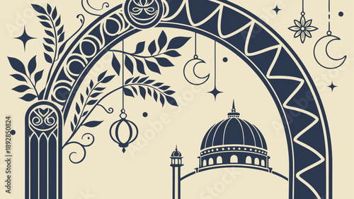 Ornate archway with mosque and celestial elements