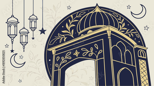 Elegant islamic mosque with hanging lanterns and stars