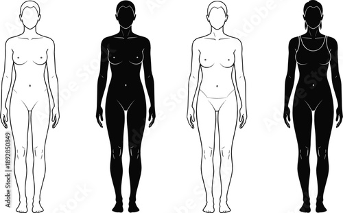 Female body silhouette vector templates for fashion design sketches, anatomy studies, fitness progress tracking, and medical illustration character outlines