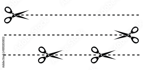 Scissor, trim line icon. Scissors cutting dashed line icon in solid black style isolated on white background representing cut, edit, separation and craft concept.