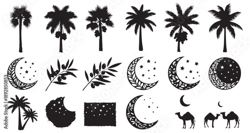 Islamic palm tree olive branch camel and crescent moon vector set