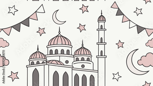 A serene nighttime scene featuring a mosque with hanging lanterns and a crescent moon, set against a starry sky.