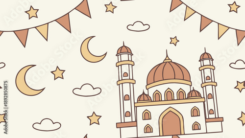 A serene nighttime scene featuring a mosque with hanging lanterns and a crescent moon, set against a starry sky.