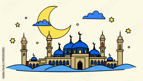 Illustrated mosque with crescent moon and stars