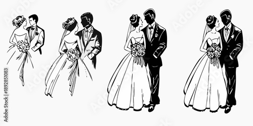 Four sketches of a bride and groom embracing varying in detail