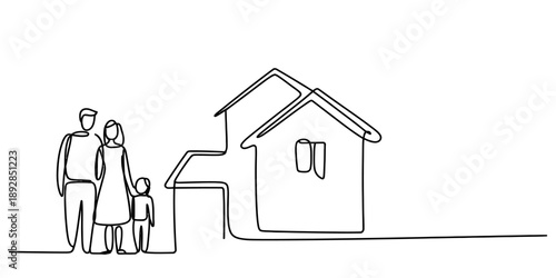 A continuous line drawing illustrating a small family standing next to a house Vector, illustration