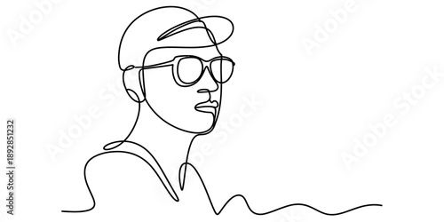 Minimalist one-line portrait art of a person with a baseball cap and sunglasses Vector, illustration