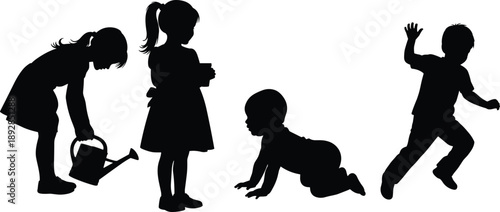 Children growth stages silhouettes showing baby crawling toddler learning playing and running, childhood development concept isolated on white background