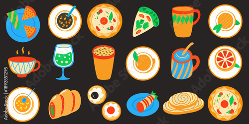 Colorful illustration showcasing various food items and beverages on a dark background