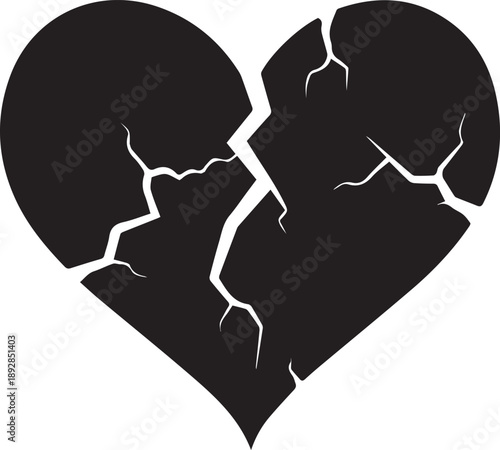 Black silhouette of a broken heart with deep cracks symbolizing emotional pain and sadness