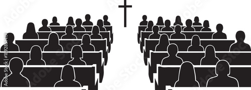 Church worship service illustration with two groups of people sitting on benches in silhouette vector