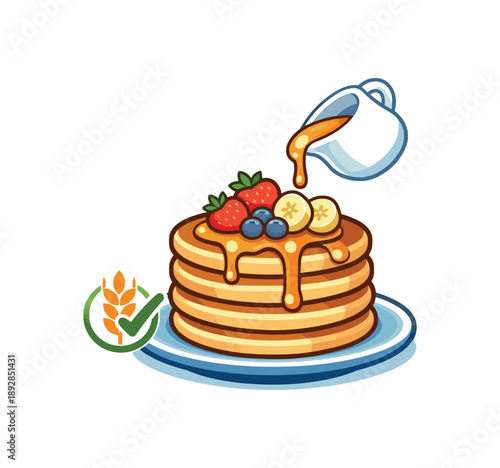 colored flat icon vector illustration isolated on white background stack of pancakes made with safe flour topped with fruit and drizzle from small jug