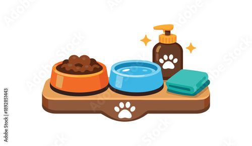 colored flat icon vector illustration isolated on white background cozy pet feeding station with bowl water dish and small paw print clean routine