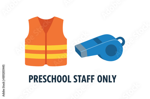 colored flat icon vector illustration isolated on white background whistle and safety vest preschool staff only zone pictogram flat on white background clean shapes