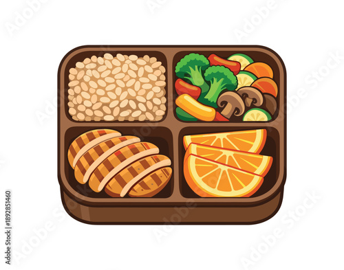 colored flat icon vector illustration isolated on white background bento style box brown rice roasted veggies grilled chicken and orange wedges balanced allergy safe meal