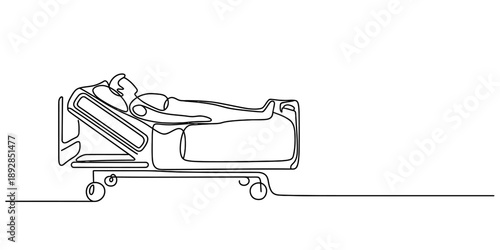 Continuous line drawing of a sick patient lying in a hospital bed Vector, illustration