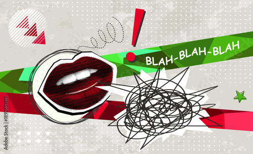 Trendy Halftone Collage with talking mouth with text - blah blah and message bubble. Concept of gossip, secret and communication.	