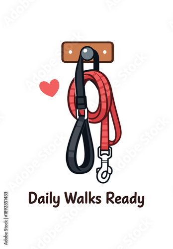 colored flat icon vector illustration isolated on white background dog leash hanging on hook with tiny heart daily walks ready