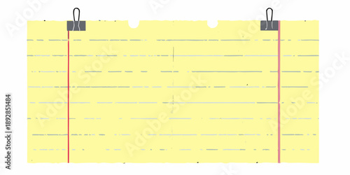 A yellow legal pad with two black binder clips attached to the top