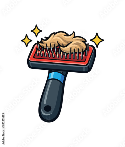 colored flat icon vector illustration isolated on white background pet grooming brush with loose fur sparkles home care