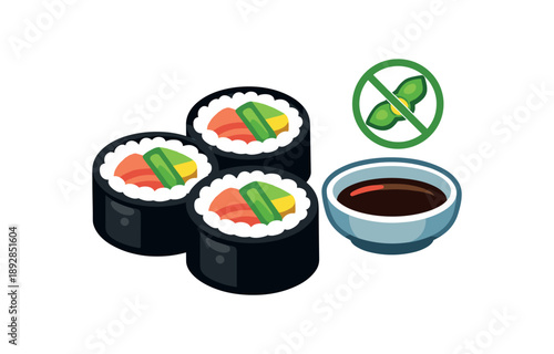 colored flat icon vector illustration isolated on white background rice sushi with veggies and fish simple soy free dip separate allergen controlled meal