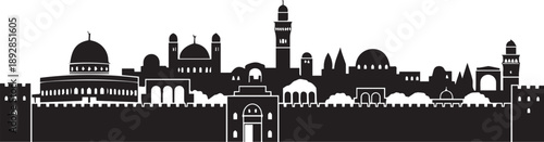 Jerusalem skyline silhouette with dome of the rock and city walls vector line art graphics