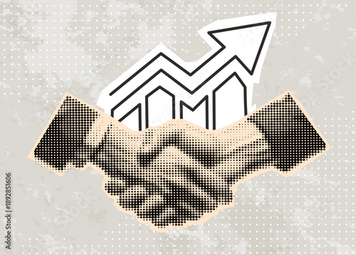 Hands reach out to each other. Handshake. Halftone retro hands. Paper cutout elements. Trendy vintage newspaper parts. Shaking hands. Make a deal. Successful agreement	